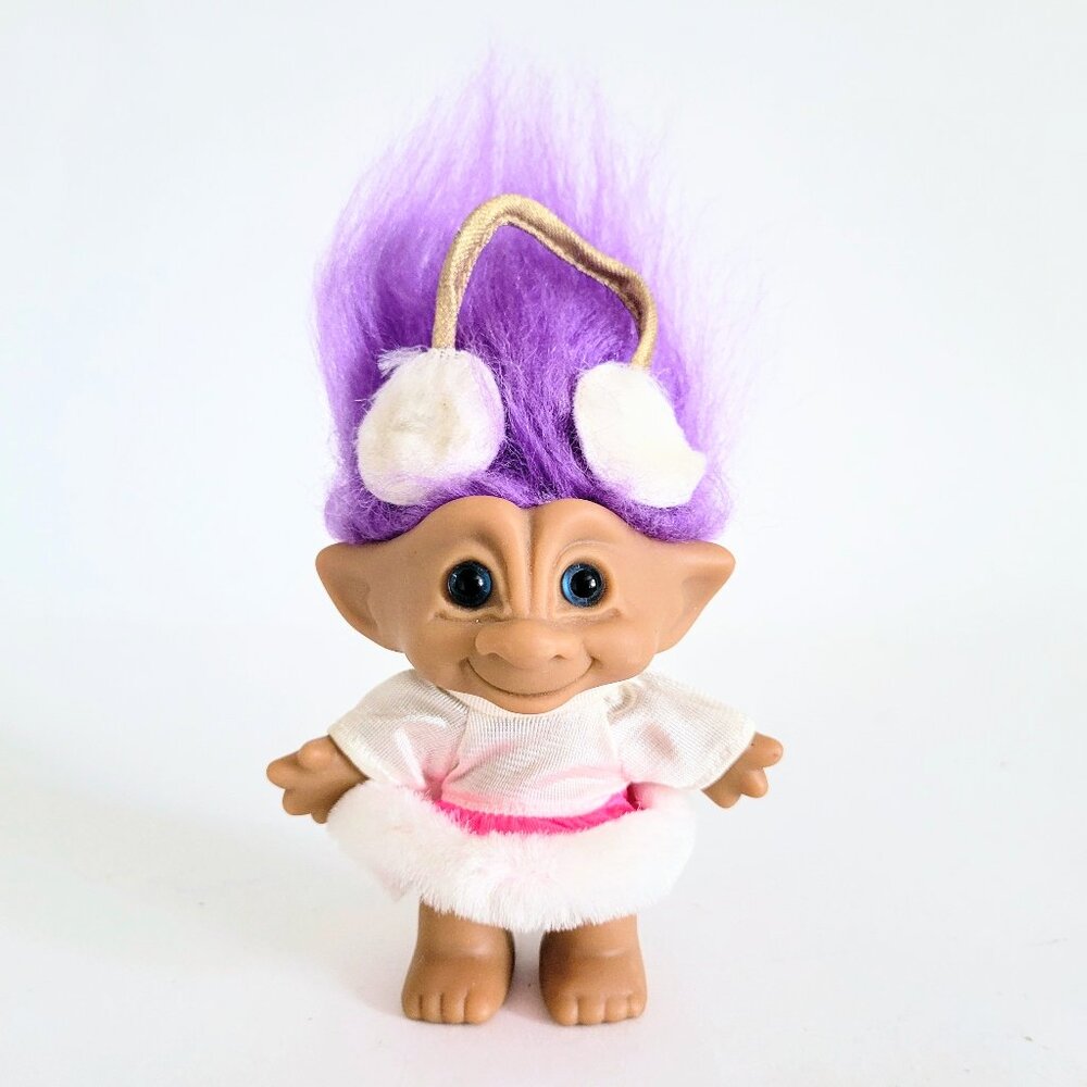 Vintage Ace Treasure Troll Doll Purple Hair Winter Outfit Earmuffs 90s Toy